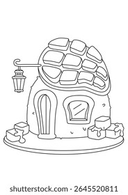 Whimsical black and white line art illustration of a charming gingerbread house, perfect for coloring books and creative projects. This delightful candy house design features intricate details, ready
