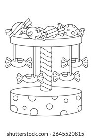 Whimsical black and white line art illustration of a charming gingerbread house, perfect for coloring books and creative projects. This delightful candy house design features intricate details, ready