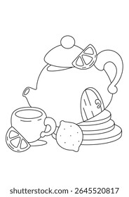 Whimsical black and white line art illustration of a charming gingerbread house, perfect for coloring books and creative projects. This delightful candy house design features intricate details, ready
