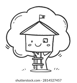 A whimsical black and white line drawing of a happy treehouse with a ladder and a flag on top set within a large tree canopy