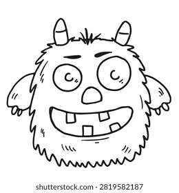 A whimsical black and white line drawing of a friendly furry monster with horns and a big toothy grin