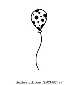 A whimsical black and white outline of a balloon decorated with polka dots, tied to a long string.