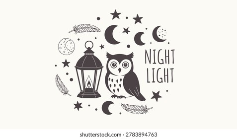Whimsical black and white owl and lantern illustration with crescent moons, stars, and feathers, featuring Night Light text for nursery or cozy decor.