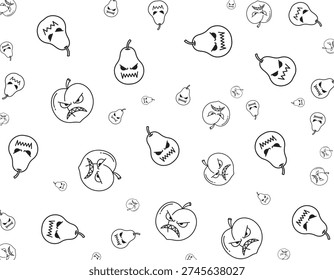 A whimsical black and white pattern featuring cartoonish apples and pears with spooky, angry faces, perfect for Halloween or a playful theme.