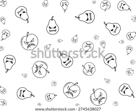 A whimsical black and white pattern featuring cartoonish apples and pears with spooky, angry faces, perfect for Halloween or a playful theme.