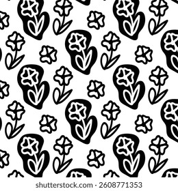 A whimsical black and white seamless pattern featuring hand-drawn floral and leaf doodles in a modern, sketchy style. This charming vector design brings a playful yet elegant touch
