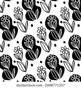 A whimsical black and white seamless pattern featuring hand-drawn floral and leaf doodles in a modern, sketchy style. This charming vector design brings a playful yet elegant touch
