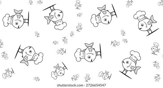 A whimsical black and white seamless pattern featuring cartoon fish wearing chef hats, scattered randomly across a clean white background, creating a playful culinary theme.