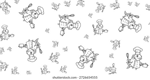 A whimsical black and white seamless pattern featuring cartoon fish dressed as chefs, some with robotic elements like whisks and spatulas, holding cooking pots and utensils.