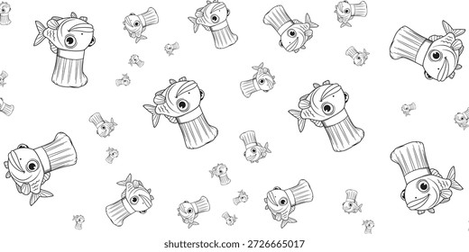 A whimsical black and white seamless pattern featuring numerous cartoon fish wearing chef hats, scattered playfully across a clean white background, creating a fun culinary theme.