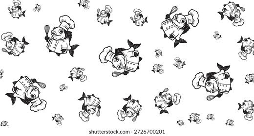 Un caprichoso patrón sin fisuras en blanco y negro con numerosos peces de dibujos animados vestidos como chefs, sosteniendo batidores, esparcidos por un fondo blanco limpio, creando un tema culinario lúdico.