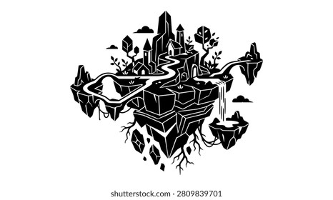 Whimsical black and white vector illustration of a fantasy world with floating islands, a castle, waterfalls, and winding paths.