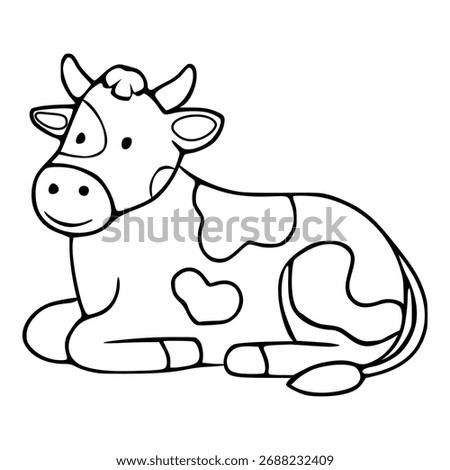 Whimsical black and white vector illustration of a contented cow lying down, featuring bold outlines and playful spots.
