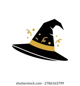 Whimsical black witch hat with a golden band and playful yellow stars, exuding a magical and enchanting Halloween mood, perfect for festive celebrations.