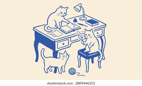 Whimsical blue and beige illustration of three playful cats around a desk with books lamp magnifying glass and yarn in cozy imaginative scene