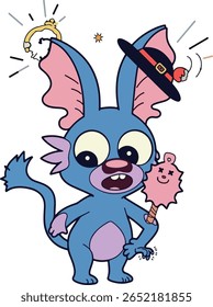 A whimsical blue cartoon monster wearing a witch hat and holding a pink candy. Fun, playful, and perfect for Halloween or fantasy themes.
