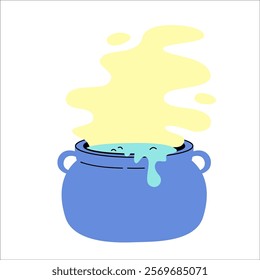 A whimsical blue cauldron is bubbling  with vibrant, colorful potion and steam rising above it.