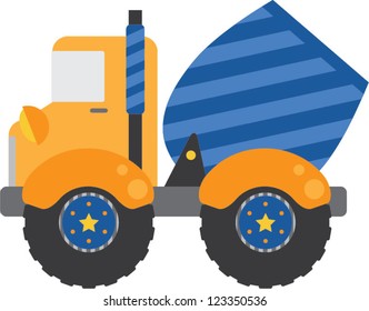 Whimsical blue cement truck with blue stripes and yellow stars on the wheels.