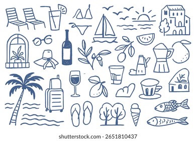 Whimsical blue doodle illustration showcasing summer vacation elements like a palm tree, beach chairs, wine, and mediterranean icons, creating a lighthearted travel-themed design for advertisements