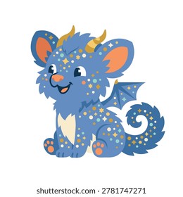 A whimsical blue dragon character adorned with colorful stars, sitting playfully with small wings and horns.