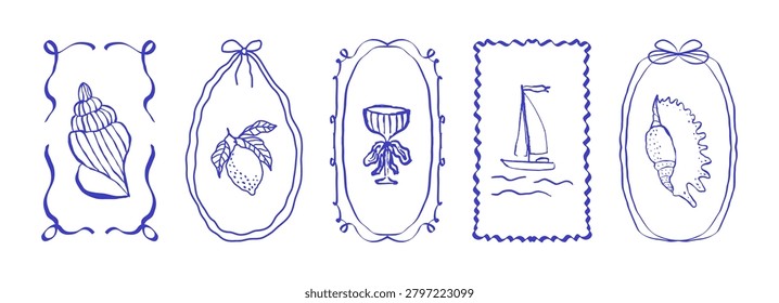 Whimsical blue hand-drawn bow frames with lemon, boat, glass, shell, cocktail in retro coquette style on white background. Vector set for menu, greeting cards, party decor.