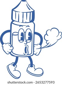 A whimsical blue line-art cartoon mascot depicting a vape liquid bottle exhaling a puff of vapor from its top, with a surprised or taken-aback expression featuring wide eyes and an open, curved mouth.