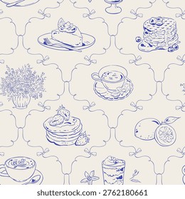 Whimsical blue mediterranean breakfast pattern background seamless. Hand drawn morning food doodle as cute cafe brunch scene with cake, pancakes and dessert. Seamless pattern for bakery menu card or
