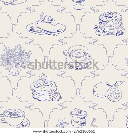 Whimsical blue mediterranean breakfast pattern background seamless. Hand drawn morning food doodle as cute cafe brunch scene with cake, pancakes and dessert. Seamless pattern for bakery menu card or