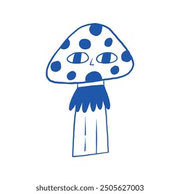 A whimsical blue mushroom character illustration with a spotted cap and expressive eyes, conveying creativity and fantasy