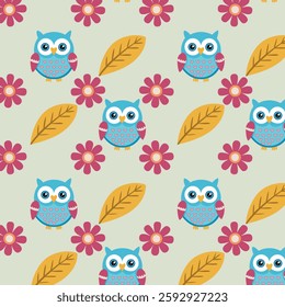 Whimsical Blue Owls and Floral Elements in a Playful Seamless Pattern