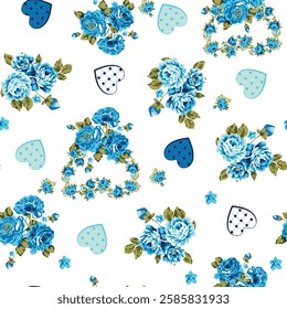 Whimsical Blue Rose and Heart Pattern for Fabrics