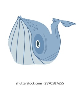 Whimsical blue whale, playful flat vector illustration of a charming sea giant