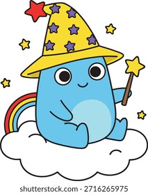 Caprichoso monstruo mago azul sentado en una nube sosteniendo una varita mágica. Cuenta con un sombrero de estrella y el fondo del arco iris. Vector plano de alta calidad para decoración infantil y pegatinas.
