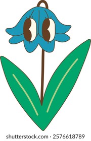 whimsical bluebell flower with large eyes and green leaves
