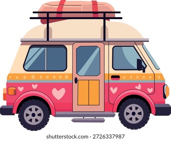 Caprichoso boho camper van decorado com corações e equipamentos de viagem. Vetor romântico de viagem de estrada para a viagem de Dia dos Namorados, viagens de lua de mel e amor nômade.