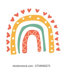 Arco iris boho caprichoso con corazones rojos y arcos decorativos dibujados a mano. Ilustración de vivero escandinavo para habitación de niña, tarjetas de felicitación y estampados del día de San Valentín.