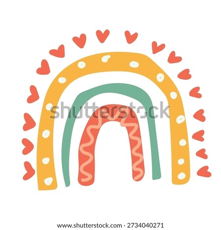 Whimsical boho rainbow with red hearts and hand drawn decorative arches. Scandinavian nursery illustration for baby girl room, greeting cards and Valentine's day prints.