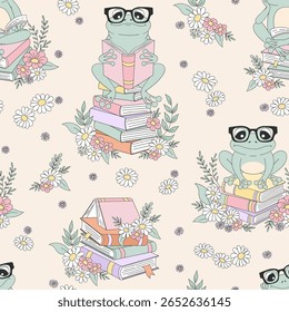 Whimsical Bookish Spring vector Seamless Pattern with Cute Frogs in Glasses Reading on Book Piles with Daisies and Wildflowers in Vintage Style. Ideal for childrens decor, stationery, fabric, book