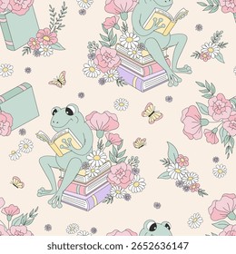 Vetor de primavera de Livros Elegante Padrão sem costura com Sapo de Leitura Bonito, Pilha de Livros Adornada com Flores Selvagens, Margaridas e Borboletas em Estilo Desenhado à Mão Vintage. Perfeito para a decoração do quarto de crianças
