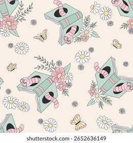 Whimsical Bookish Spring Vector Seamless Pattern with Bookworm, Flowers, and Butterflies in Vintage Hand Drawn Style. Perfect for fabric, stationery, wrapping paper, wallpapers, and book themed
