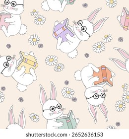 Whimsical Bookish Spring Vector Seamless Pattern Featuring a Cute Bunny Reading a Book in Glasses with Daisies and Floral Elements in Vintage Hand Drawn Style. Ideal for childrens room decor, nursery
