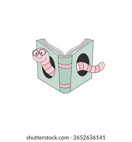 Whimsical Bookworm in Reading Glasses Crawling Through an Open Book with Cut Out Holes Vector Illustration in Retro Hand Drawn Style. Ideal for educational materials, childrens books, digital stickers