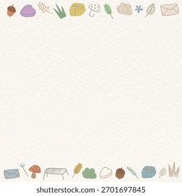 Ein skurriler Rahmen mit bunten Kritzeln. Zu den Doodles gehören Blätter, Pilze und Eicheln. Perfekt für herbstliche Designs. Doodles geben einen spielerischen Touch. Herbstvektorgrafik.