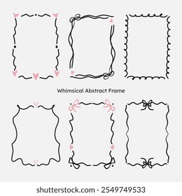 whimsical border frame set. hand drawn scribble line, ribbon bow frame for invitation, valentine or christmas design.