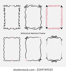 whimsical border frame set. hand drawn scribble line, ribbon bow frame for invitation, valentine or christmas design.