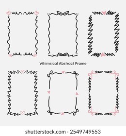 whimsical border frame set. hand drawn scribble line, ribbon bow frame for invitation, valentine or christmas design.