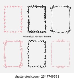 whimsical border frame set. hand drawn scribble line, ribbon bow frame for invitation, valentine or christmas design.