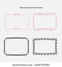 whimsical border frame set. hand drawn scribble line, ribbon bow frame for invitation, valentine or christmas design.