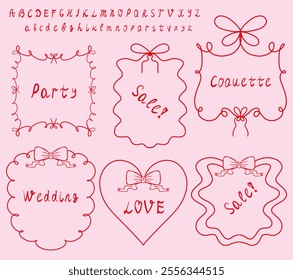 Whimsical border frame set, Handwritten Alphabet. hand drawn scribble line, ribbon bow frame for invitation, valentine or christmas design