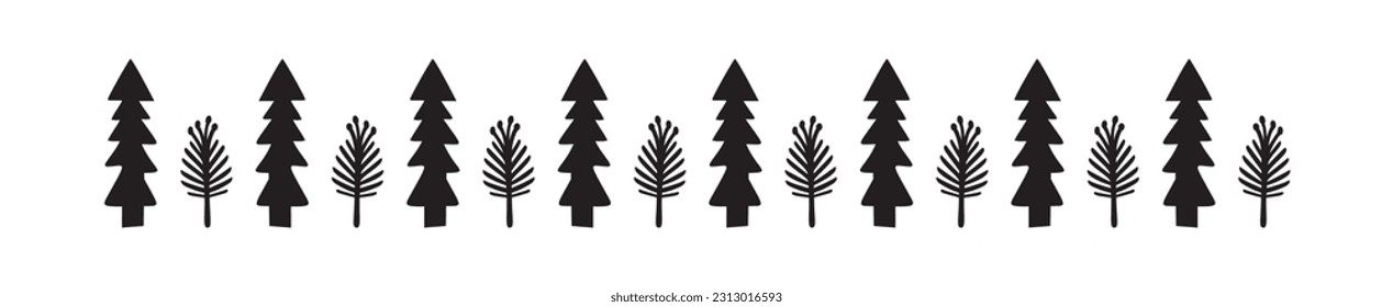 Whimsical border of vector fir trees for woodland scandi decor. Pine objects in banner isolated on white background.
